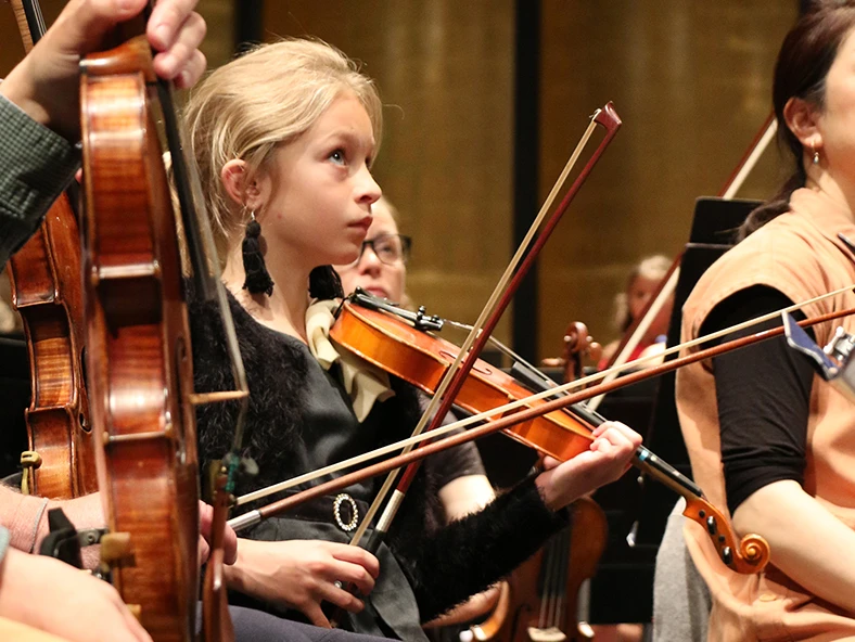 Picture of string players in an orchestra